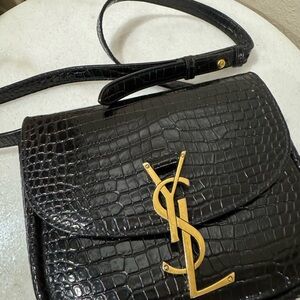 Yves Saint Laurent Black Croc-Embossed Crossbody Bag